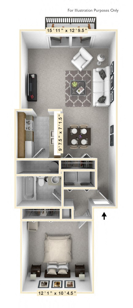 Floor plan for 1 bed, 1 bath, 675 sqft